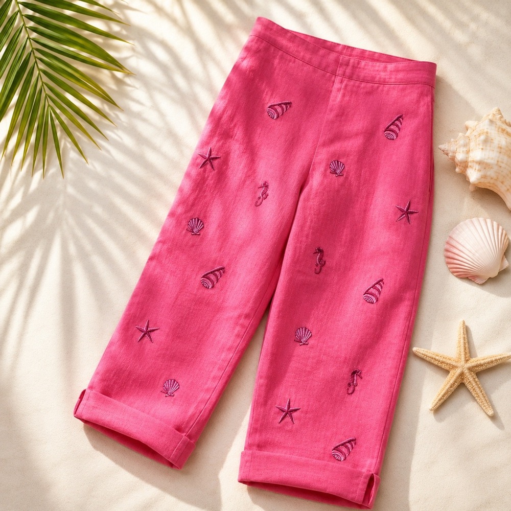 Talbots Irish Linen Pink Embroidered Shell Starfish Crop Pants Womens 16 Coastal